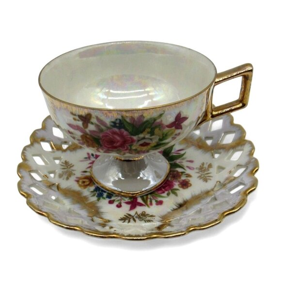 SHAFFORD Cup And Saucer Floral Design Gold Accents IRIDESCENT Finish Japan - Picture 3 of 11